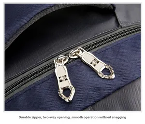 Detail of durable two-way metal zippers on hiking backpack with smooth sliding mechanism