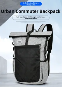 Detail of grey lightweight foldable backpack featuring mesh pocket and roll-top buckle
