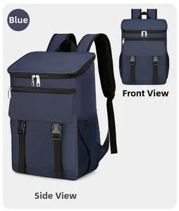 Front and side views of a blue thermal backpack with mesh pockets and adjustable buckles