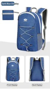 Detail of dark blue foldable outdoor backpack showing texture, logo, and storage pouch