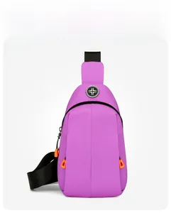 Front view of a purple water-resistant oxford chest bag with black zipper and orange detail