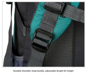 Close-up of adjustable strap buckle and breathable mesh on outdoor backpack