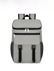 Front view of grey thermal cooler backpack with waterproof PEVA lining for picnics and hiking