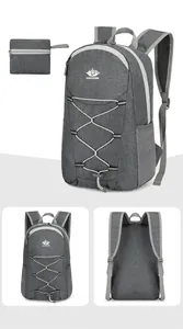 Foldable dark gray outdoor backpack showing front, back and compact storage views