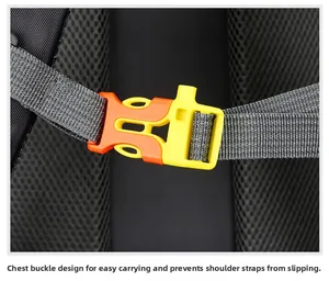 Detail of adjustable chest buckle and breathable mesh back padding on the backpack