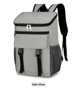 Detail view of the gray insulated picnic backpack with buckle closure and mesh side pocket