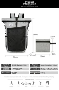Detailed dimensions of gray lightweight foldable waterproof hiking backpack and storage size