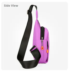 Side view of purple crossbody chest bag with black straps and orange zipper pulls