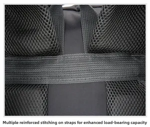 Detail of reinforced stitching on the breathable shoulder straps for enhanced durability