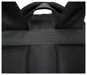 Macro view of reinforced bartack stitching on durable gray outdoor backpack straps