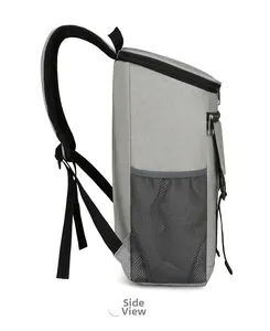Side view of gray thermal backpack with mesh pocket and ergonomic padded straps