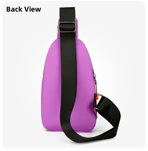 Back view of the purple waterproof oxford crossbody bag with adjustable black strap
