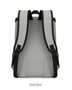 Detailed back view of a grey insulated picnic backpack with padded black shoulder straps