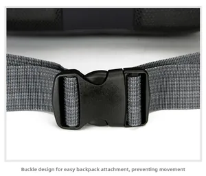Macro detail of the durable waist buckle and grey strap on the outdoor hiking backpack