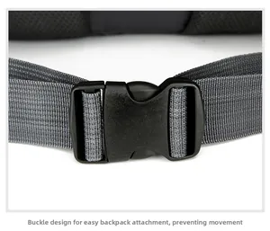 Detail of ergonomic waist buckle and adjustable strap for hiking backpack stability
