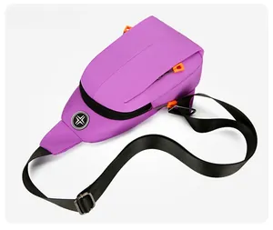 Detail of purple waterproof oxford chest bag with black strap and orange zipper
