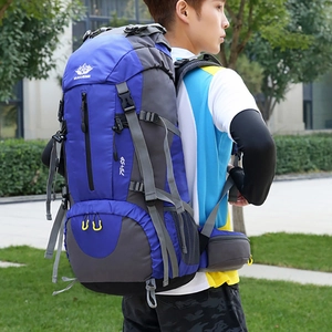 Outdoor 45+5L hiking backpack in blue and grey with ergonomic support system