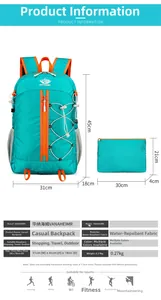 Macro detail of waterproof hiking backpack showing dimensions 31x45x18cm and 0.27kg weight