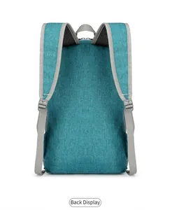 Detailed back view of teal foldable outdoor backpack with grey breathable mesh straps