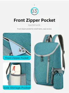 Detail of teal foldable backpack featuring front zipper pocket and mesh side pockets