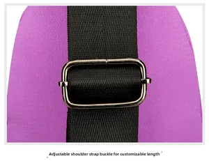 Close-up of adjustable metal buckle and black nylon strap on purple crossbody bag