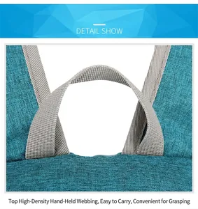 Detail show of high-density gray carrying handle and durable blue fabric on the travel backpack