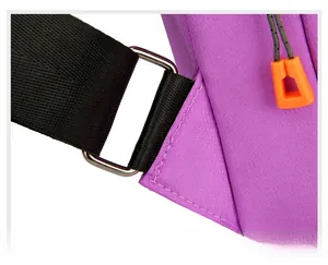 Detail of metal D-ring reinforcement on purple nylon shoulder bag strap joint