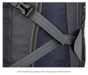 Detail view of side straps and plastic buckles for stabilizing the hiking backpack shape