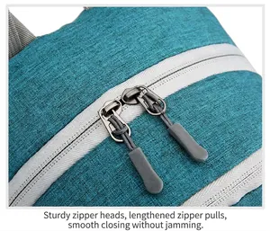 Macro detail of blue heather fabric and dual zipper with extended anti-slip pullers