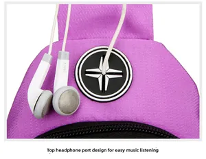 Detail view of the purple crossbody chest bag with top headphone jack for music