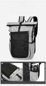 Detail of lightweight folding backpack with mesh zip pocket and side bottle holder