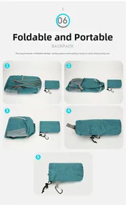 Five-step folding guide for a lightweight water-resistant peacock blue travel backpack