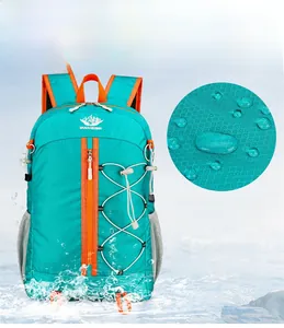Detail of teal outdoor backpack showing high-density waterproof nylon fabric with water drops