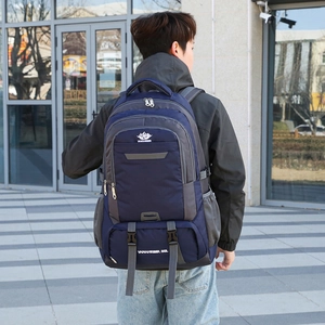 Outdoor 80L large capacity hiking backpack in blue and grey with waterproof fabric