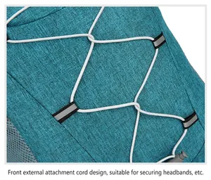 Detail of the front elastic cord system on this blue foldable travel outdoor backpack
