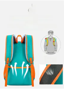 Macro detail of the breathable mesh S-shaped shoulder straps on a turquoise hiking backpack