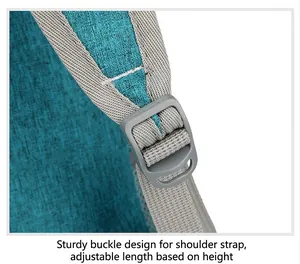 Detail of adjustable strap buckle on water-resistant blue foldable outdoor backpack