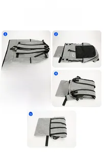 Step-by-step visual guide showing how to fold the ultra-light grey travel backpack