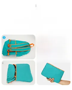 Four-step sequence showing how the lightweight backpack folds into a compact palm-sized pouch