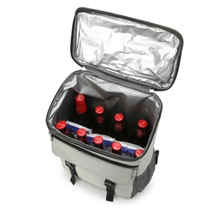 Insulated gray picnic backpack with PEVA lining showing internal beer storage capacity