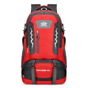 60L large capacity outdoor hiking backpack in red and grey with multiple compartments