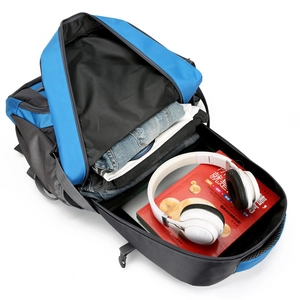 Blue and black large-capacity hiking backpack with dual compartments for clothes and tech