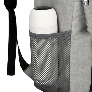 Gray thermal picnic backpack with elastic mesh side pocket for water bottle