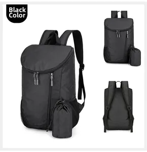 Waterproof black outdoor backpack with matching drawstring storage pouch set