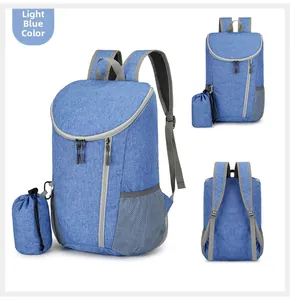 Light blue water-resistant travel backpack detail with matching portable storage pouch