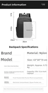 Detailed size chart for black nylon backpack with 15.6 inch laptop compartment