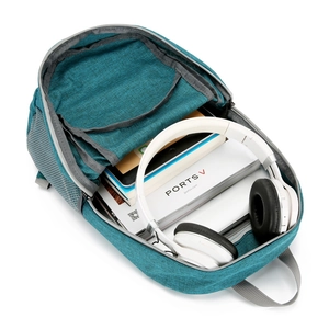 Foldable teal outdoor backpack with large capacity showing headphones and books inside