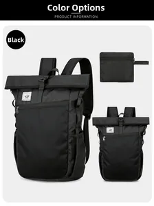 Macro view of black foldable waterproof backpack featuring roll-top design and storage pouch