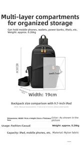 Détail du sac bandoulière en nylon noir avec dimensions 19x33x9cm et compartiments étagés