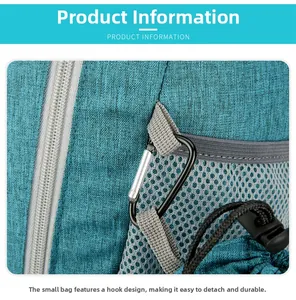 Detail of durable teal nylon backpack with silver zipper, metal hook, and mesh side pocket